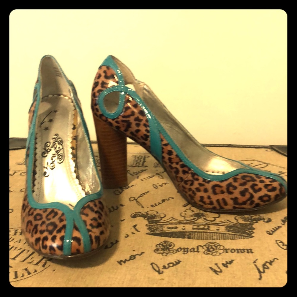 Leopard print and blue Naughy monkey heels
